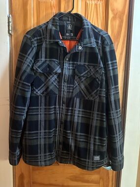 Volcom Men's Black & Green Plaid Shirt Jacket with Orange Lining